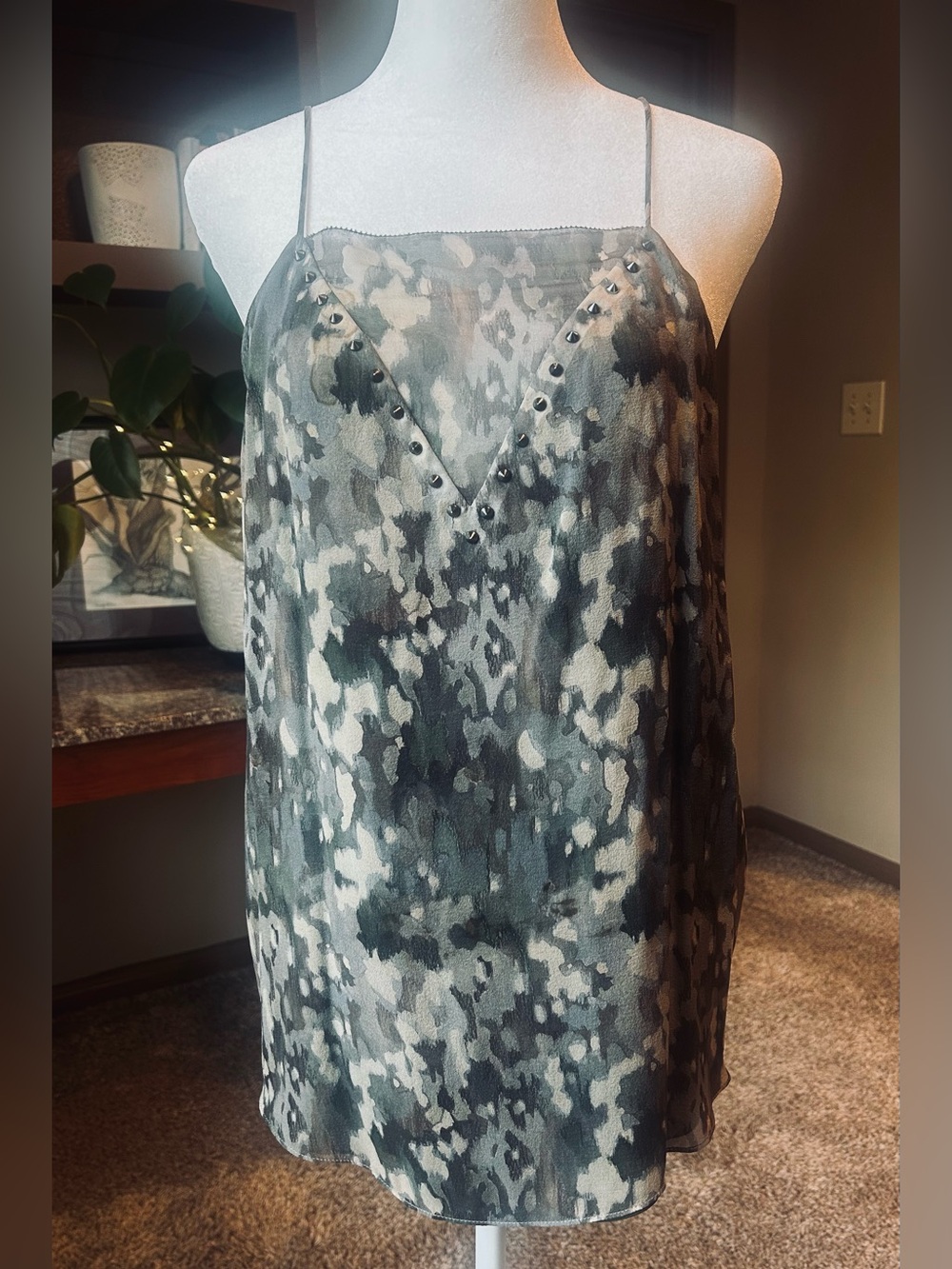 Haute Hippie No Regrets Silk Studded Camo Print Cami Tank Top L